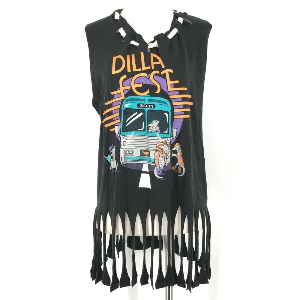 VINTAGE Dilla Fest Womens Shirt Large Black Fringe Tank Top 90s Hippie Festival
